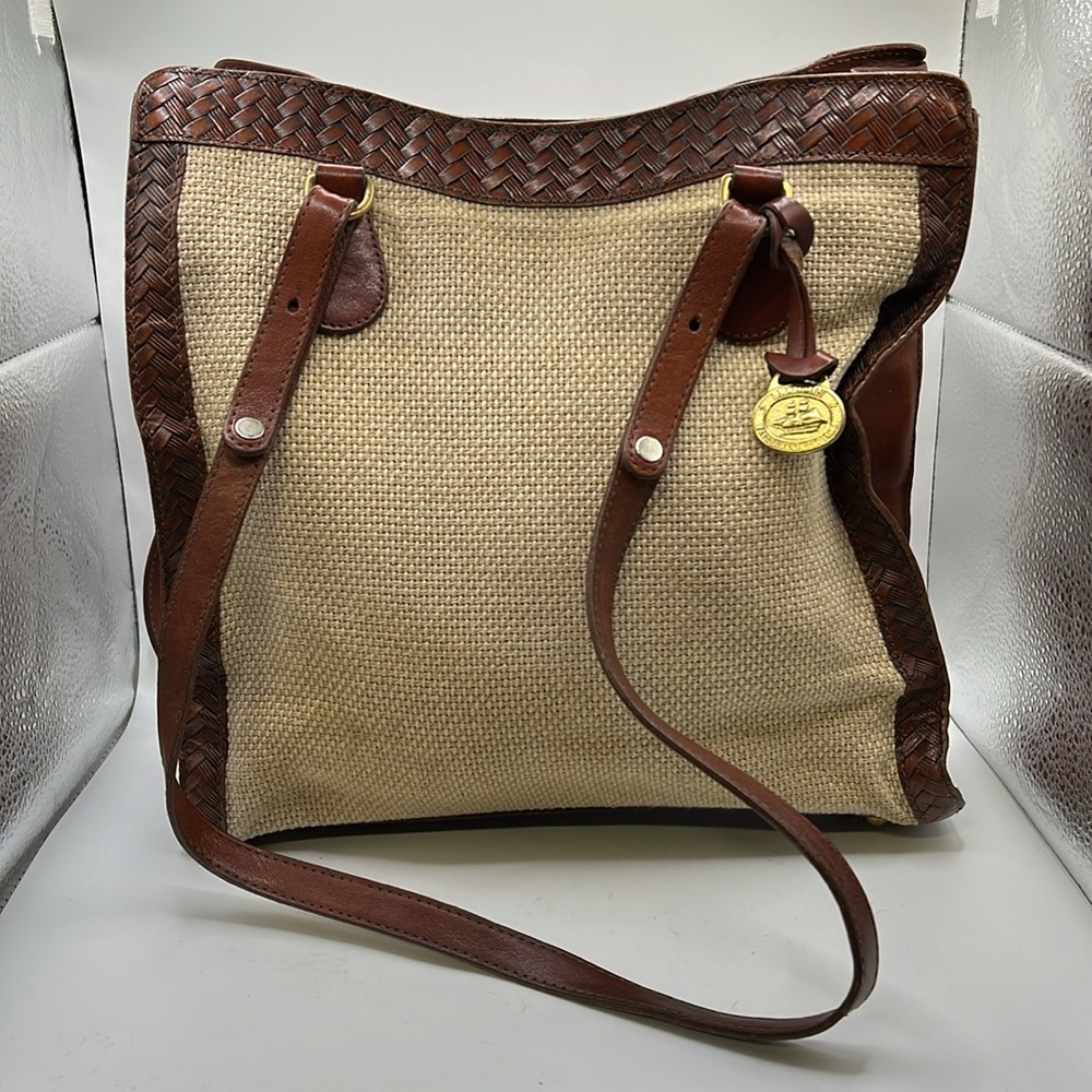 Brahmin Beige Woven Tote with Brown Leather Trim - Picture 3 of 16